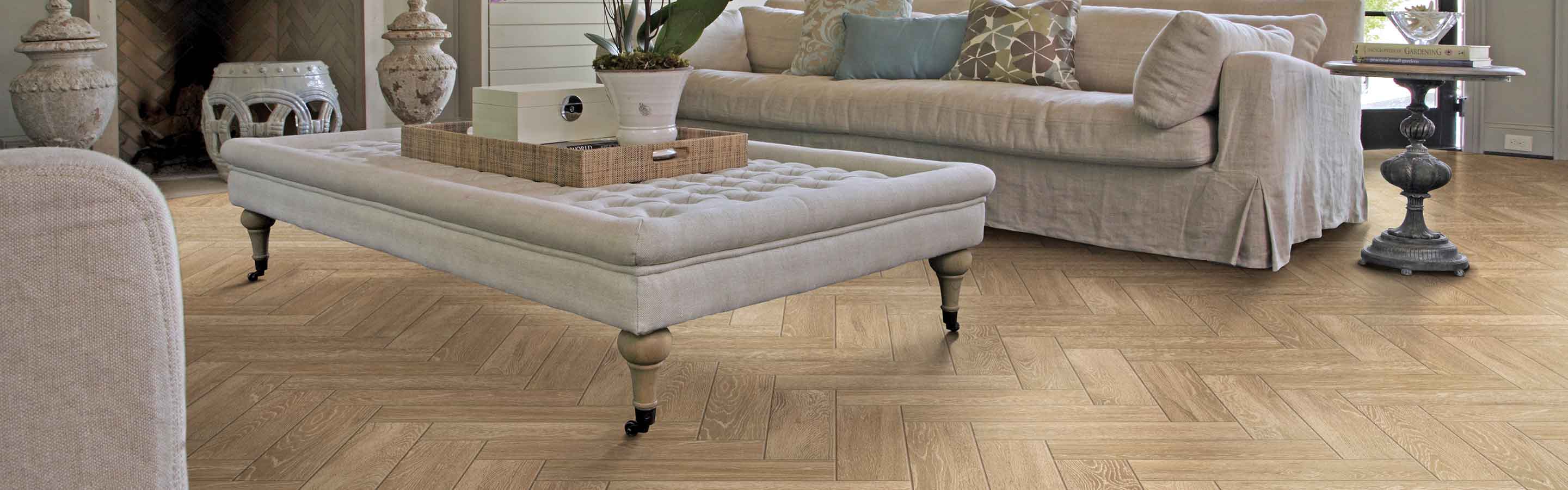Wood-look Tile living room with beige couch